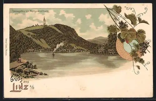 Lithographie Linz a. D., Donauparthie mit Margarethenthurm