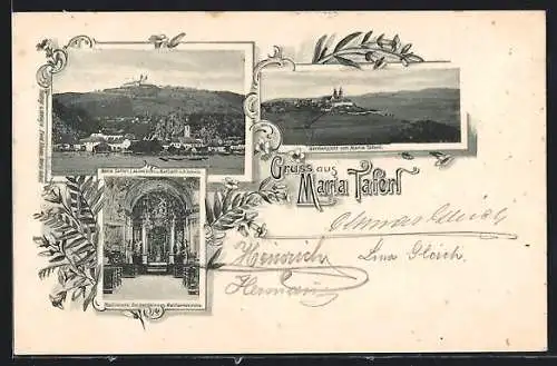 AK Maria-Taferl a. d. Donau, Nordansicht u. Marbach, Nordansicht, Inneres der Wallfahrtskirche