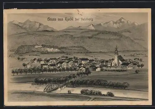 Künstler-AK Kuchl bei Salzburg, Ortsansicht vor Berglandschaft