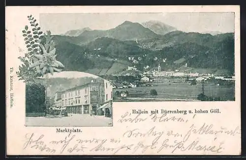 AK Hallein, Marktplatz, Ortsansicht mit Dürrenberg u. hohen Göll