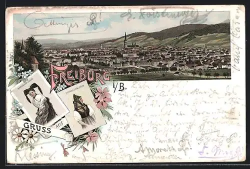 Lithographie Freiburg i. B., Markgräflerin und Schwarzwälderin in Trachten, Ortsansicht mit Kirche