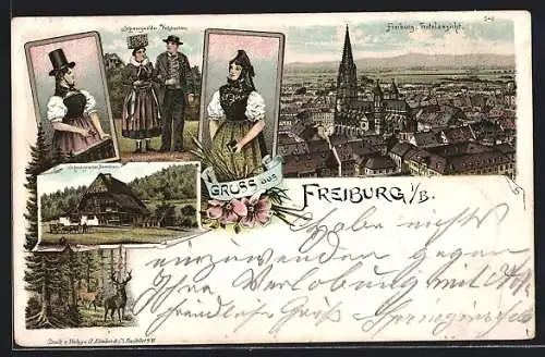 Lithographie Freiburg i. B., Totalansicht, Schwarzwälder Volkstrachten, Bauernhaus, Rotwild