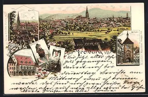 Lithographie Freiburg i. Br., Kaufhaus, Münster, Martinstor, Totalansicht