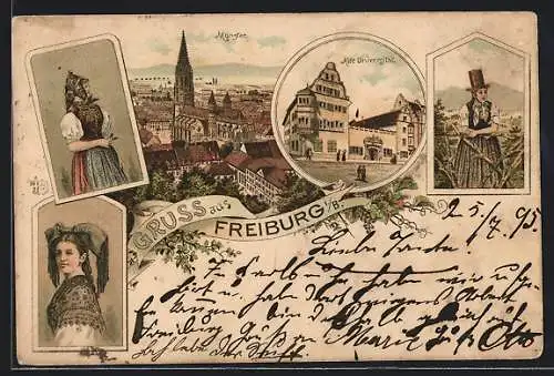 Vorläufer-Lithographie Freiburg i. B., 1895, Alter Universität, Münster, Frauen in Trachten
