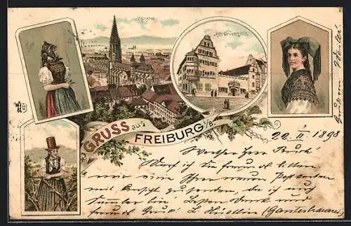 Lithographie Freiburg i. B., Teilansicht mit Münster, Alte Universität, Trachten