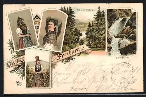 Lithographie Freiburg i. B., Titise mit Feldberg, Rävenaschlucht, Frauen in Trachten