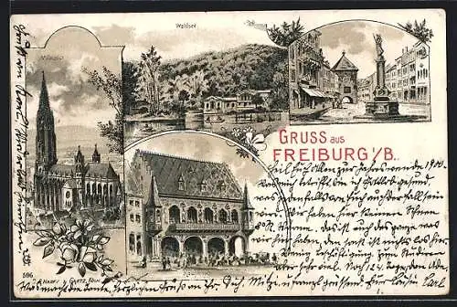 Lithographie Freiburg i. B., Kaufhaus, Münster, Ortspartie mit Denkmal, Waldsee