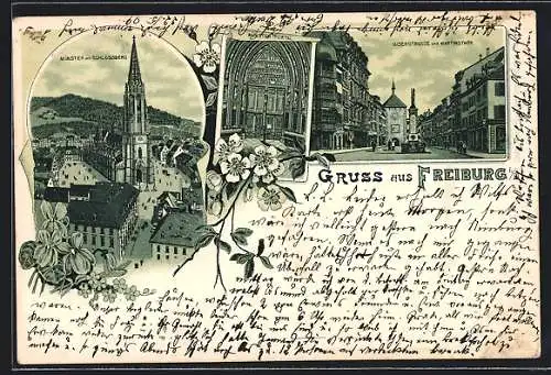 Lithographie Freiburg i. B., Münster mit Schlossberg, Münster-Portal, Kaiserstrasse und Martinstor