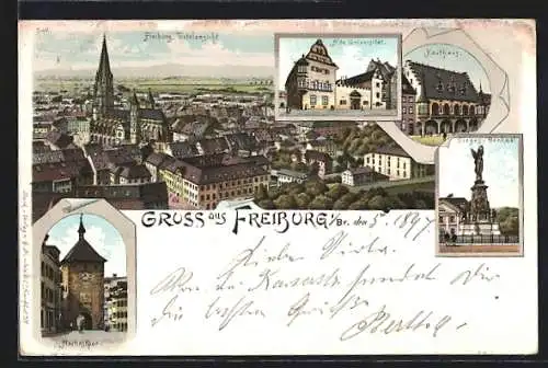 Lithographie Freiburg i. Br., Kaufhaus, Alte Universität, Sieges-Denkmal, Martinstor