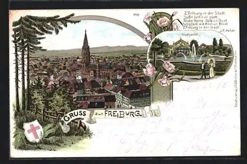 Lithographie Freiburg / Breisgau, Stadtgarten, Panorama