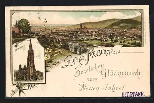 Vorläufer-Lithographie Freiburg i. B., 1892, Münster, Ortsansicht aus der Vogelschau