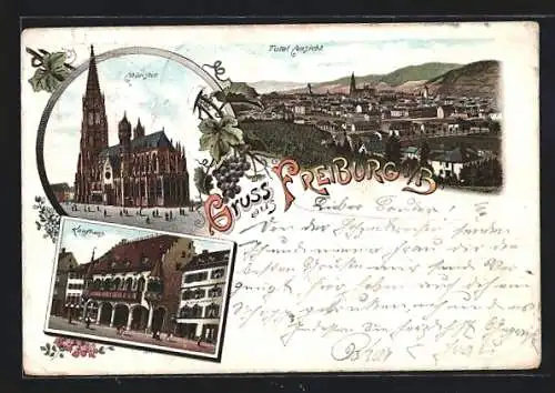 Lithographie Freiburg i. B., Totalansicht mit Münzstrasse und Kaufhaus
