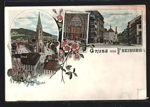 Lithographie Freiburg i. B., Münster mit Schlossberg, Münster-Portal, Kaiserstrasse