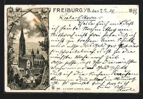 Lithographie Freiburg i. B., Blick auf das Münster