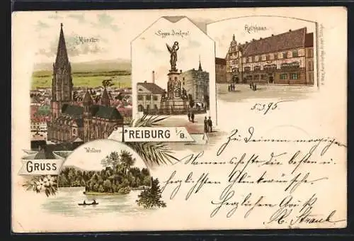 Vorläufer-Lithographie Freiburg i. B., 1895, Münster, Rathaus, Siegesdenkmal, Waldsee