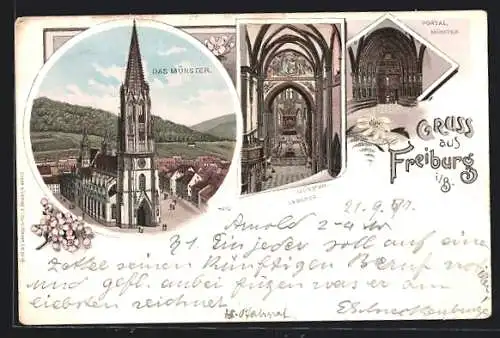 Lithographie Freiburg i. B., Münster, Innenansicht und Portal