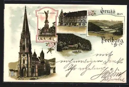 Lithographie Freiburg i.B., Siegesdenkmal, Rathaus, Waldsee