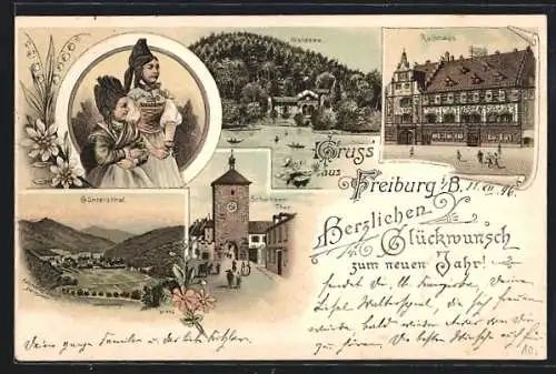 Lithographie Freiburg i. B., Waldsee mit Gasthaus, Rathaus, Schwabenthor, Frauen in Trachten