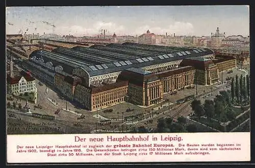 AK Leipzig, der neue Hauptbahnhof aus der Vogelschau gesehen, Strassenbahnen und Kutschen auf der Strasse