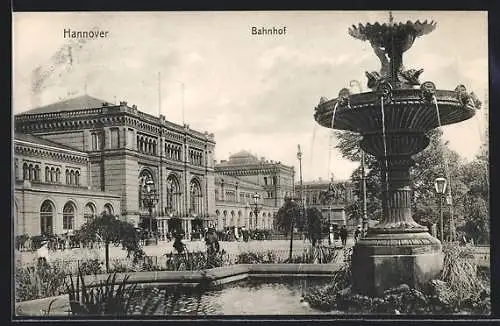 AK Hannover, Bahnhof vom Springbrunnen aus gesehen