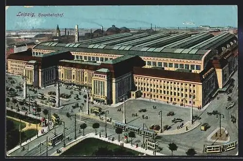 AK Leipzig, Hauptbahnhof mit Strassenbahn aus der Vogelschau