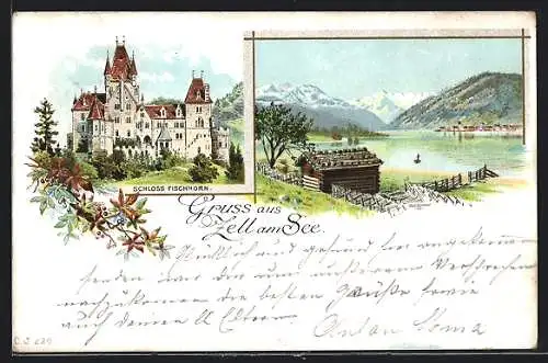 Lithographie Zell am See, Partie am See m. Holzbaude, Schloss Fischhorn