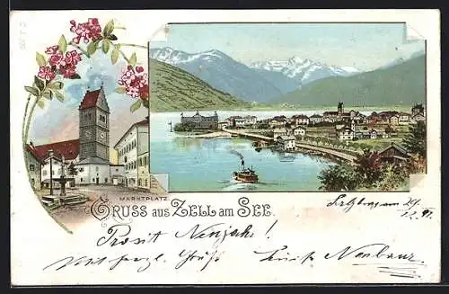 Lithographie Zell /See, Marktplatz und Hafenpartie mit Dampfer