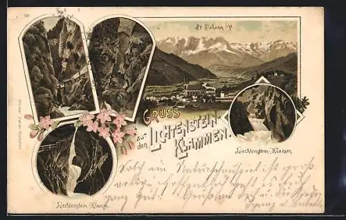 Lithographie St. Johann im Pongau, Liechtenstein-Klamm, Ortsansicht aus der Vogelschau