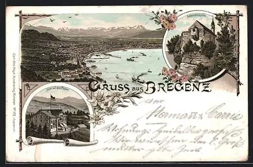 Lithographie Bregenz, Hotel auf dem Pfänder, Gebhardskapelle, Gesamtansicht, Dampfer