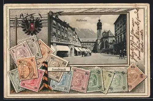 Präge-AK Innsbruck, Hofkirche und Passepartout mit Briefmarken
