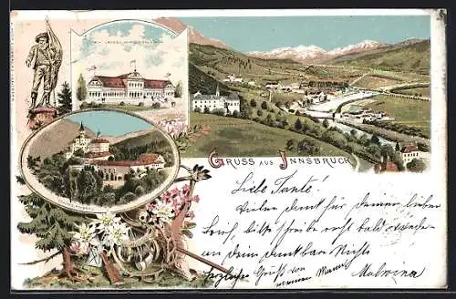 Lithographie Innsbruck, Schloss Ambras, K. K. Landes-Hauptschiessstand und Schloss Weiherburg