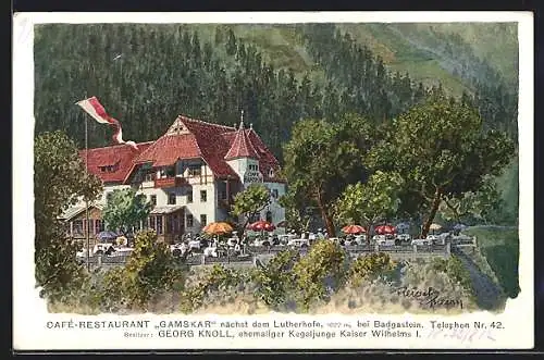 Künstler-AK F.A.C.M. Reisch: Badgastein, Cafe-Restaurant Gamskar mit Terrasse