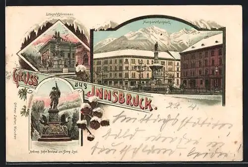 Lithographie Innsbruck, Leopoldsbrunnen, Andreas Hofer Denkmal, Margarethenplatz