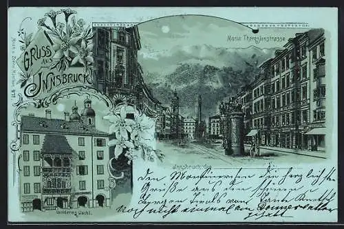 Mondschein-Lithographie Innsbruck, Goldenes Dachl und Maria Theresienstrasse