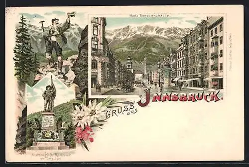 Lithographie Innsbruck, Maria-Theresienstrasse mit Andreas-Hofer-Monument