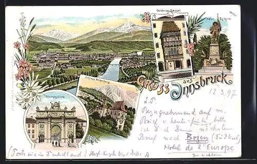 Lithographie Innsbruck, Triumphpforte, Goldenes Dachel, Schloss Weiherburg, Panorama