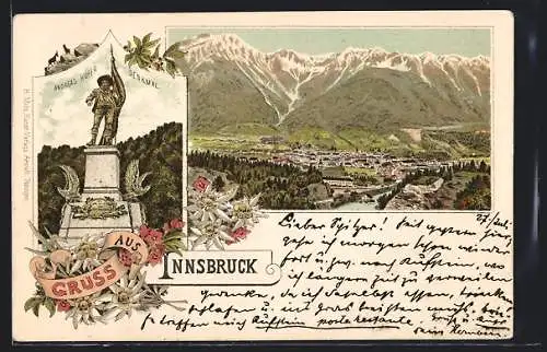 Lithographie Innsbruck, Andreas Hofer Denkmal, Ortspanorama