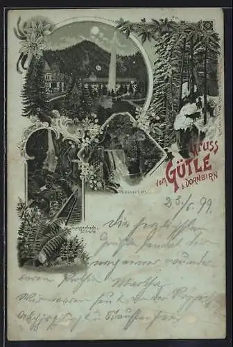 Lithographie Dornbirn, Wasserspiel am Gütle, Rappenlochschlucht mit Wasserfall