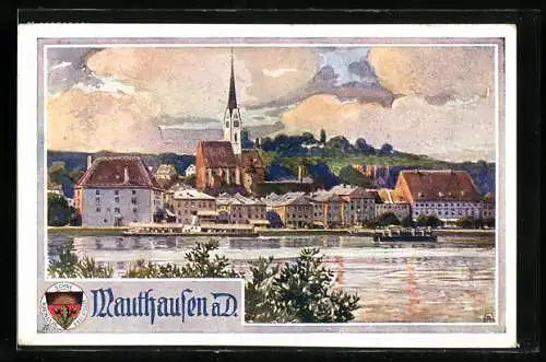 Künstler-AK Deutscher Schulverein Nr. 441: Mauthausen a. D., Ortsansicht vom gegenüberliegenden Donauufer