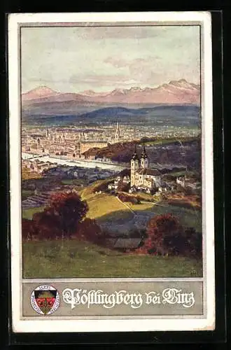 AK Deutscher Schulverein NR: 397, Linz, Pöstlingberg, Blick auf den Ort mit Kirchen