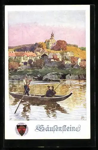 Künstler-AK Deutscher Schulverein Nr. 280: Säusenstein, Ruderboot passiert die Ortschaft