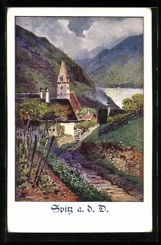 AK Deutscher Schulverein NR.173: Spitz a. d. Donau, Blick auf die Kirche