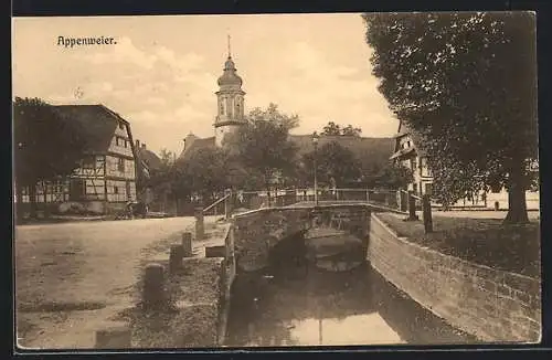 AK Appenweier / Baden, Kirche und Fachwerkhaus am Kanal