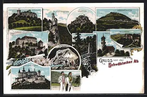 Lithographie Göppingen, Achalm, Hohenstaufen, Lichtenstein, Neuffen, Nebelhöle, Uracher Wasserfall, Wanderer in Trachten
