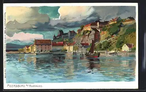 Künstler-AK Zeno Diemer: Meersburg am Bodensee, Blick auf die Uferpartie mit Boot