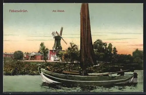 AK Hamburg-Finkenwerder, Windmühle am Abend mit Segelboot