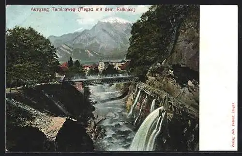 AK Ragaz, Ausgang Taminaweg, Brücke mit Falkniss, um 1900