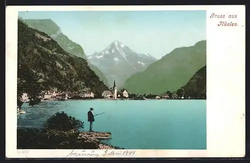 AK Flüelen, Angler vor schönem Panorama