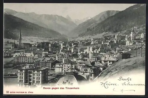 AK Davos, Ortsansicht gegen das Tinzenhorn