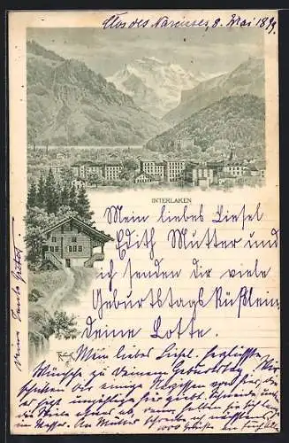 Lithographie Interlaken, Ortsansicht gegen die Berge
